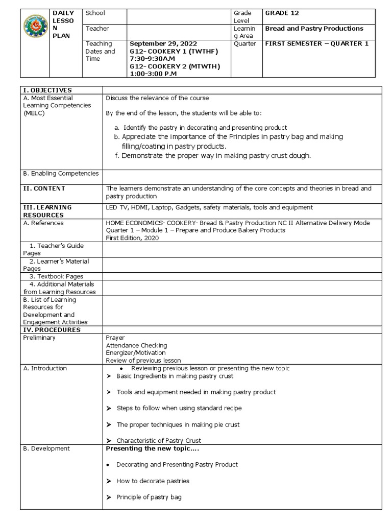 Grade 12 Bread and Pastry Production Lesson PDF Learning Rubric
