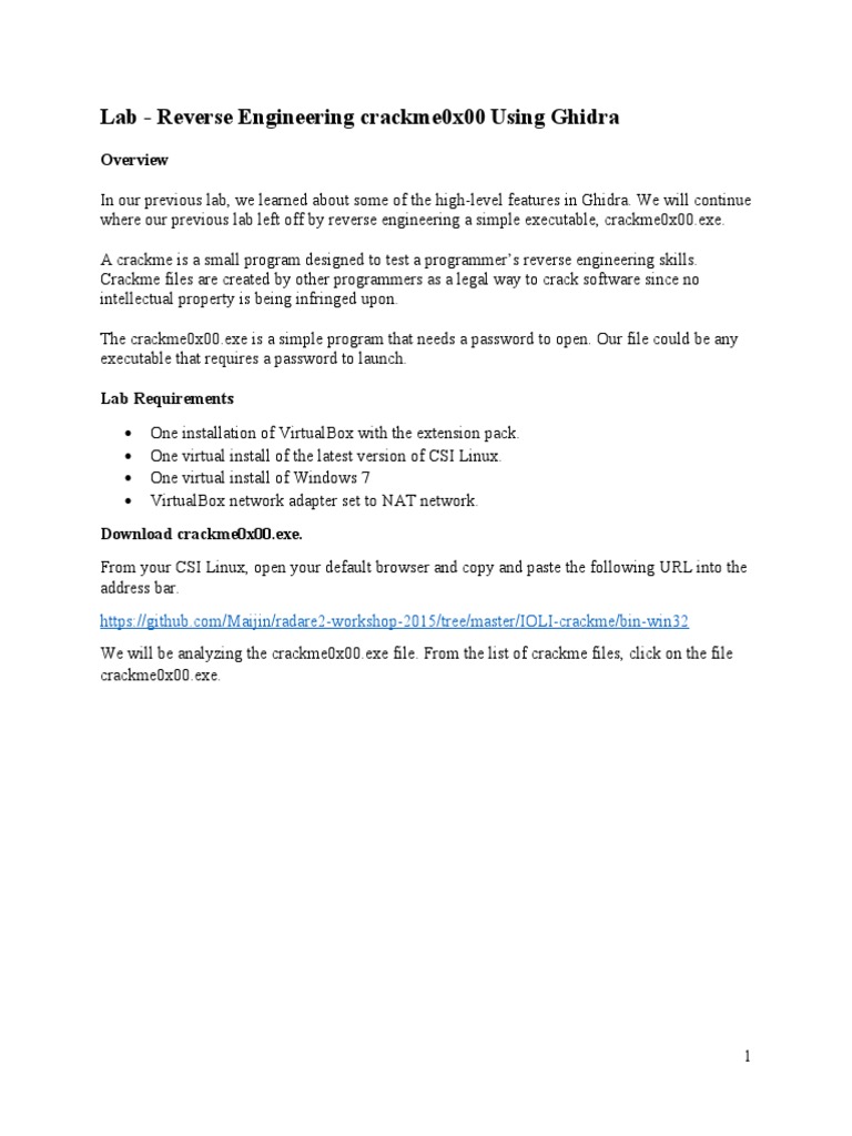 Lab Reverse Engineering Crackme0x00 Using Ghidra PDF Computer File Password