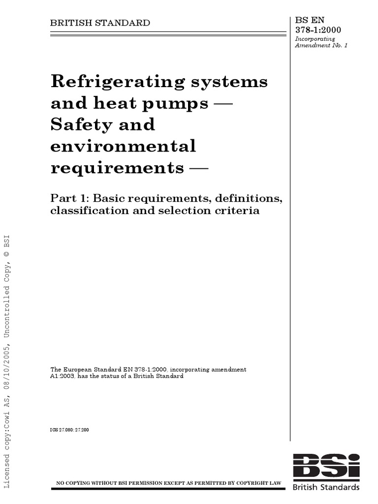 BS EN 378-1 - 2000 Refrigerating Systems and Heat Pumps | PDF ...