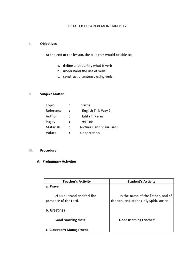 English Lesson Plan on Verbs | PDF | Teachers | Lesson Plan
