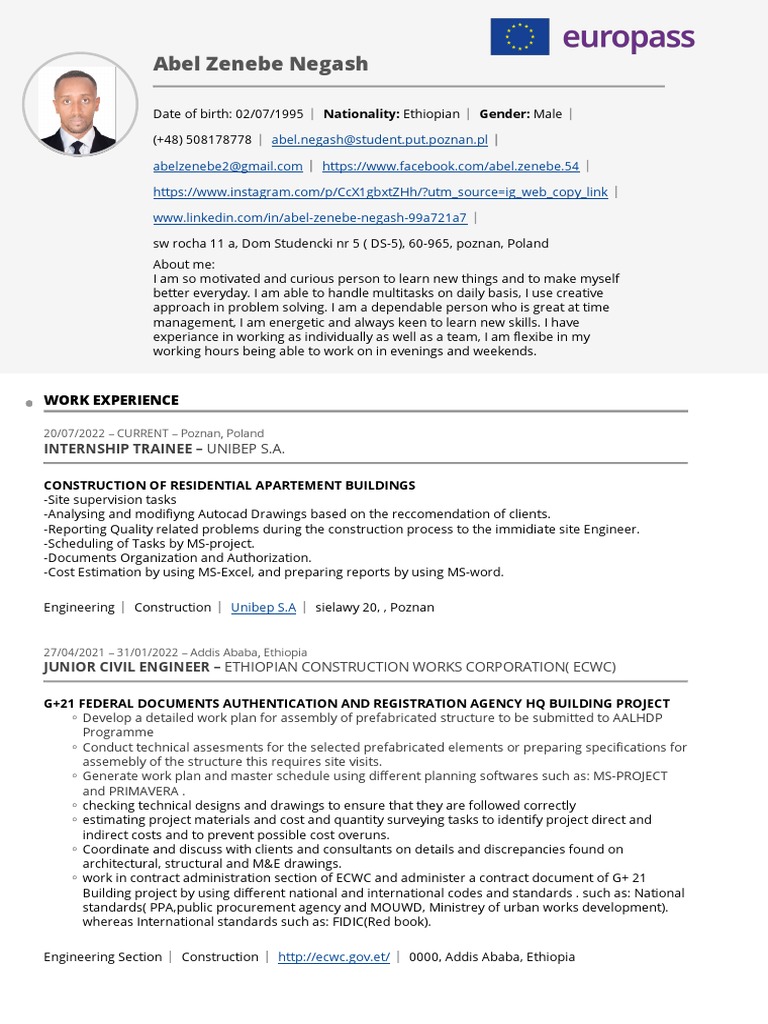 Ethiopian Construction Engineer CV | PDF | Ethiopia