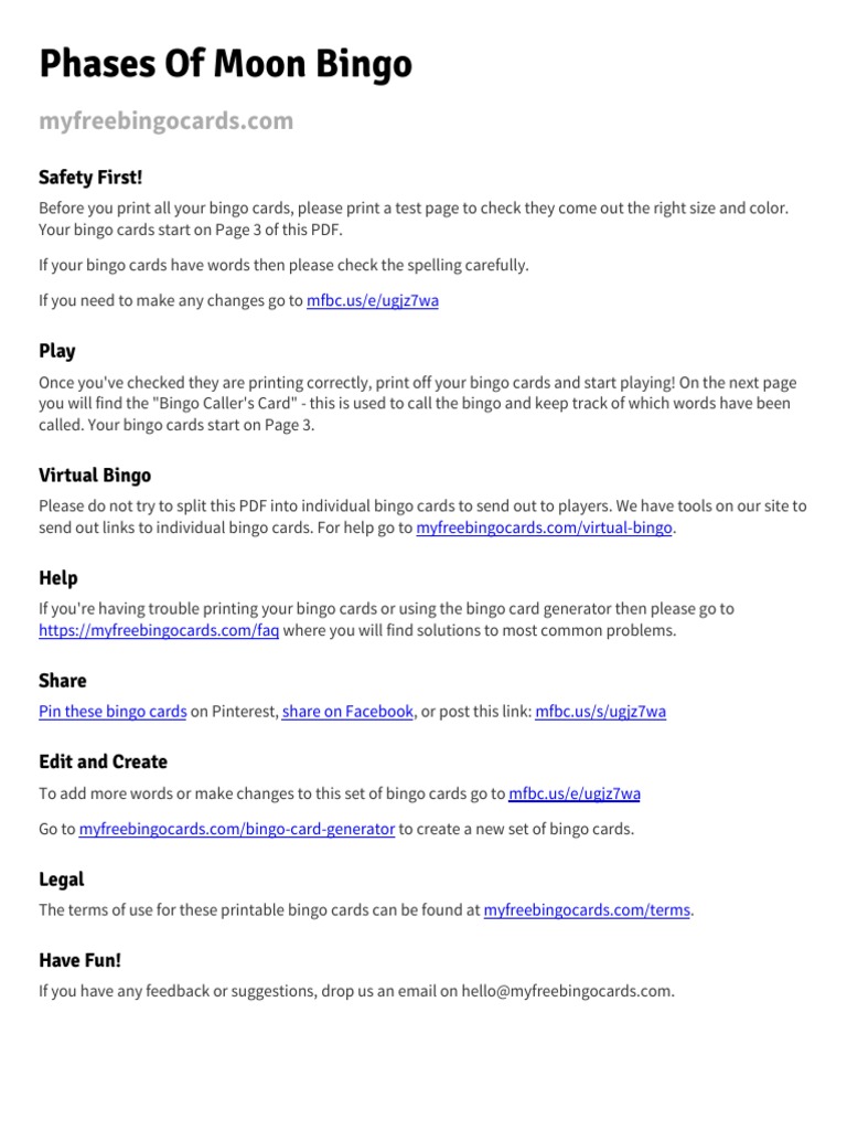 Phases of moon bingo pdf moon
