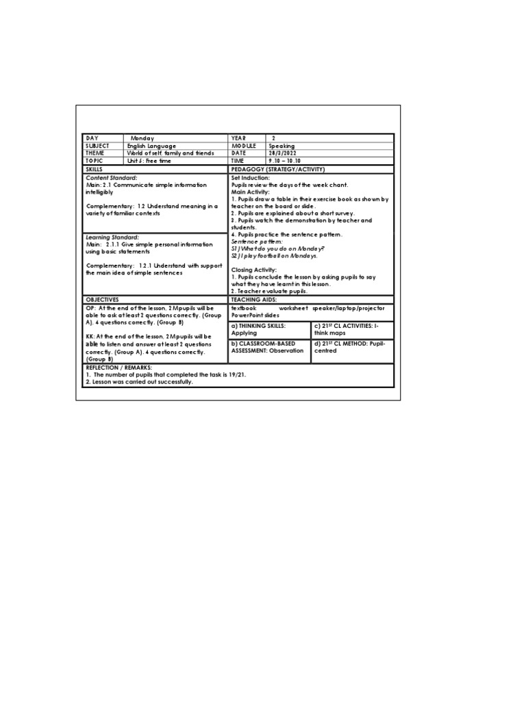 Content Standard Sentence Pattern S1) What Do You Do On Monday? S2