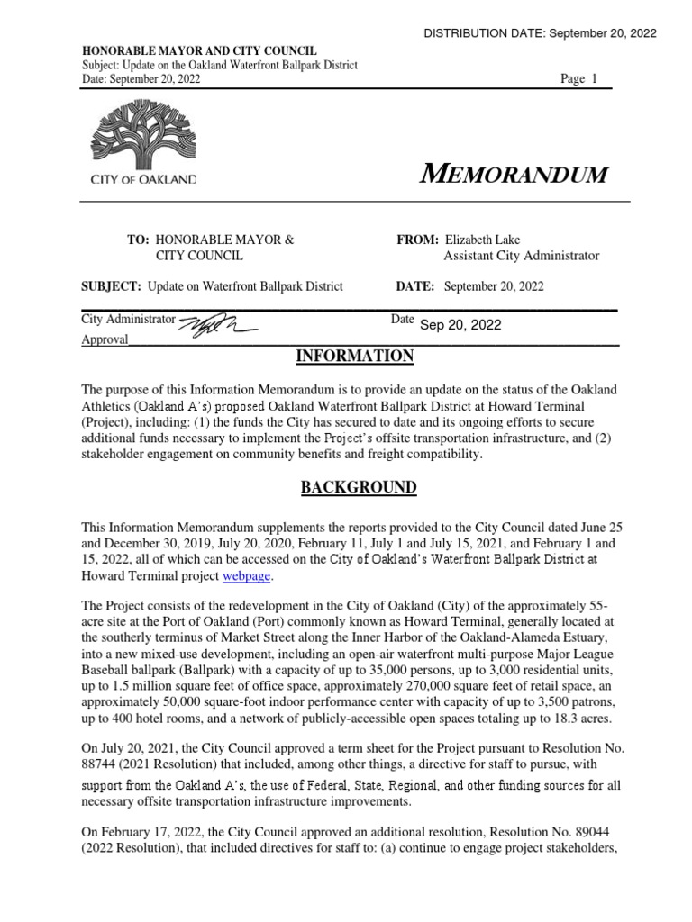 Signed info memo waterfront ballpark district update 9 20 22 pdf
