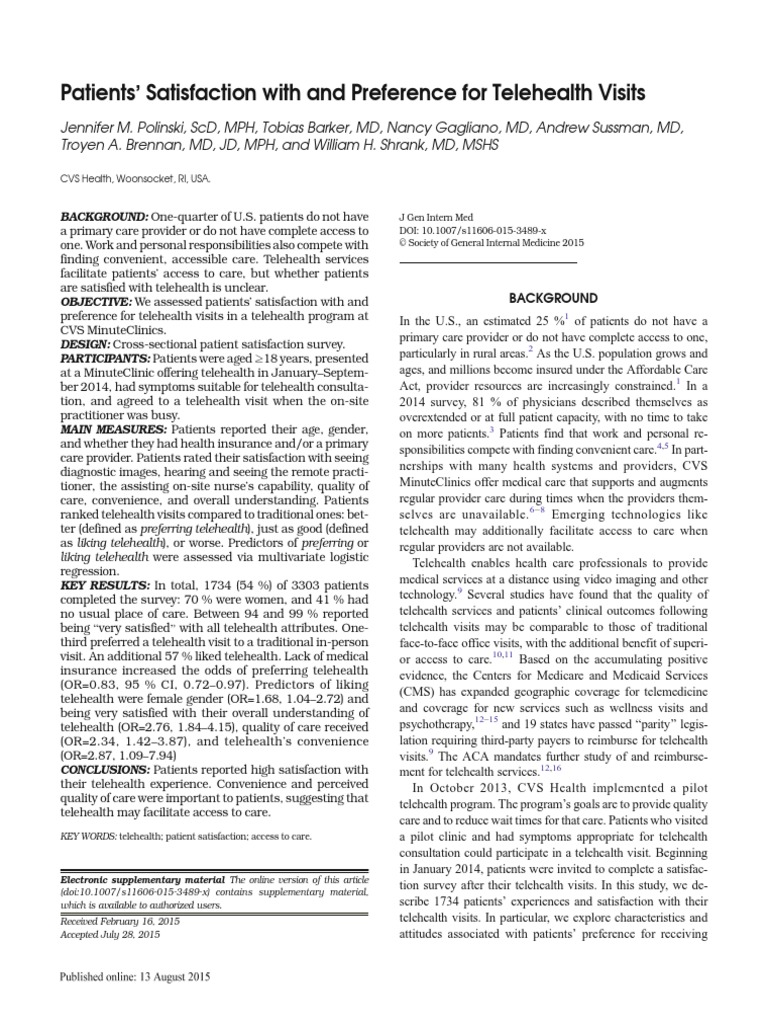 Patients ' Satisfaction With and Preference For Telehealth Visits | PDF ...