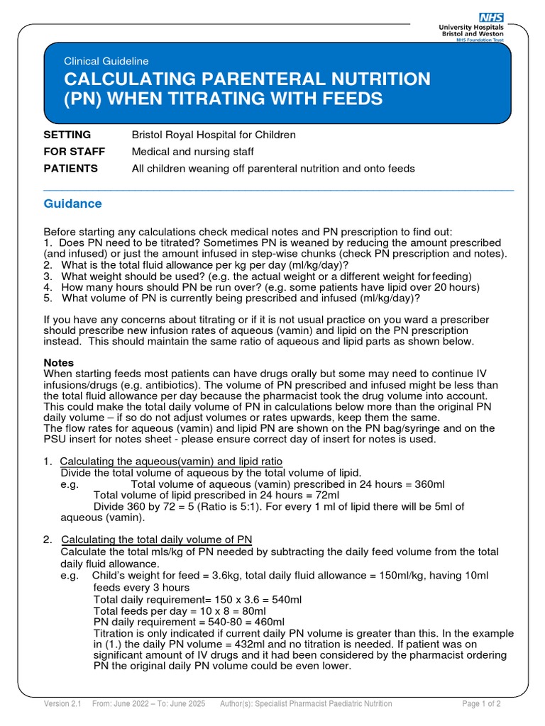 A Guide To Calculating Parenteral Nutrition When T2 1 PDF Medical Prescription