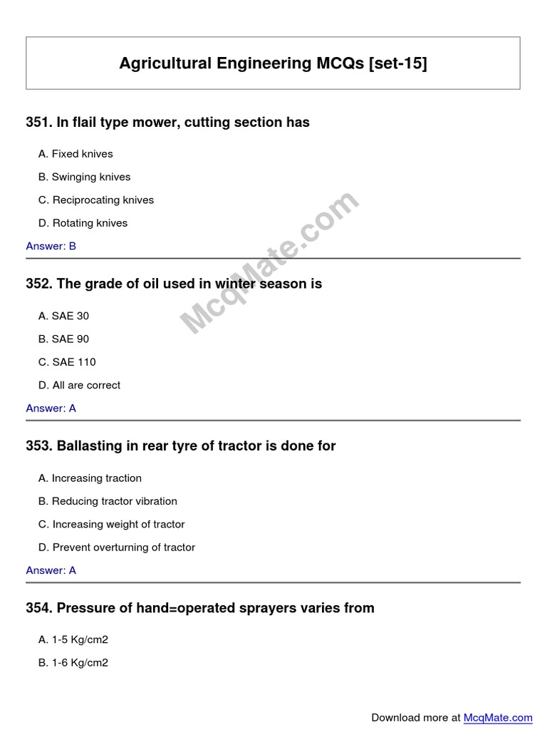 AgriculturalEngineering Solved MCQs (Set15) PDF Tractor Machines