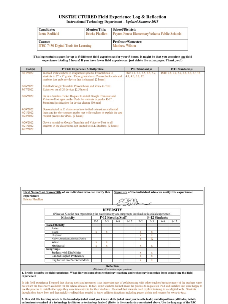 Redfield Unstructured Field Experience Log 7430 1 PDF Teachers Cognitive Science