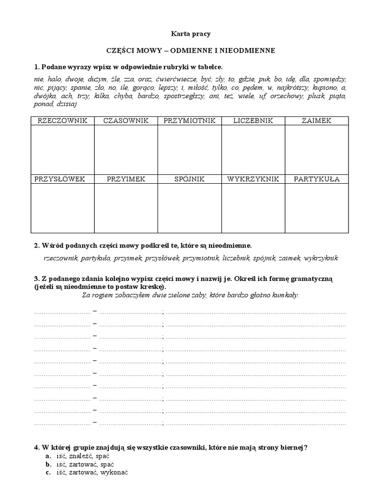 Równania Klasa 8 Karta Pracy Karta Pracy Częsci Mowy Powtórzenie Kl.8 | PDF