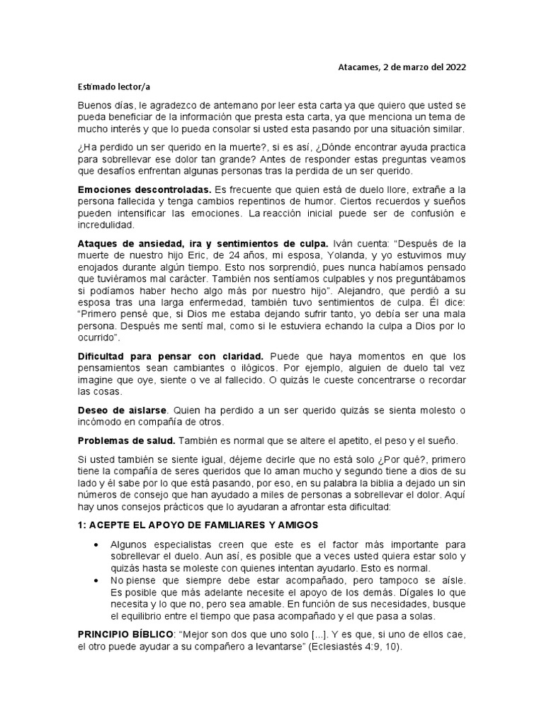 Carta JW Org Sobrellevar El Duelo de Un Ser Querido PDF Dolor Muerte
