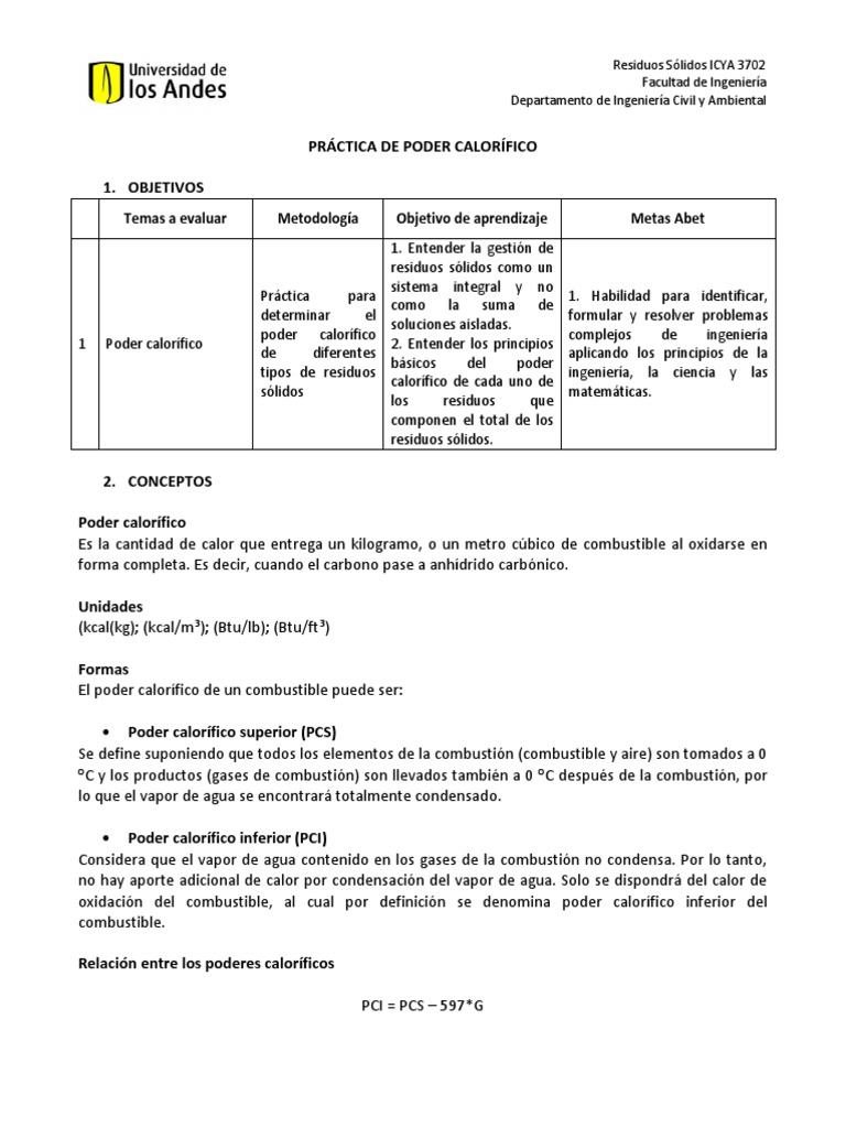 Poder Calorífico PDF Combustibles Combustión
