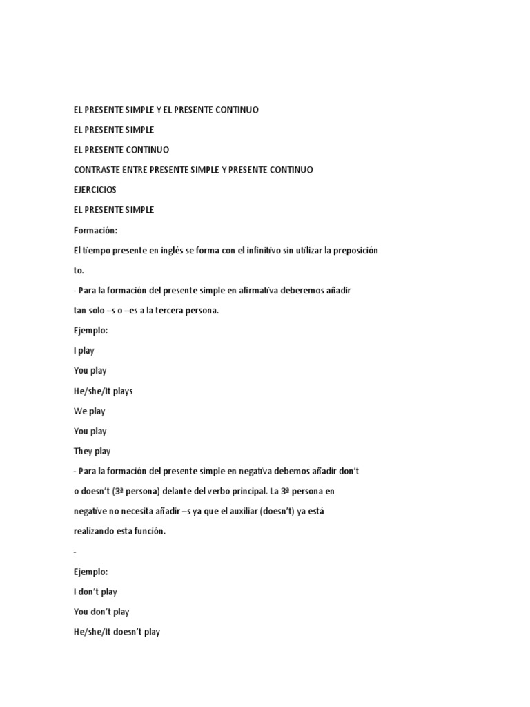 Presente Simple y Continuo en Inglés | PDF | Mecánica del lenguaje ...