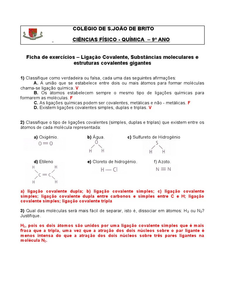 Resolucao Ficha De Exercicios Ligacao Covalente Substancias