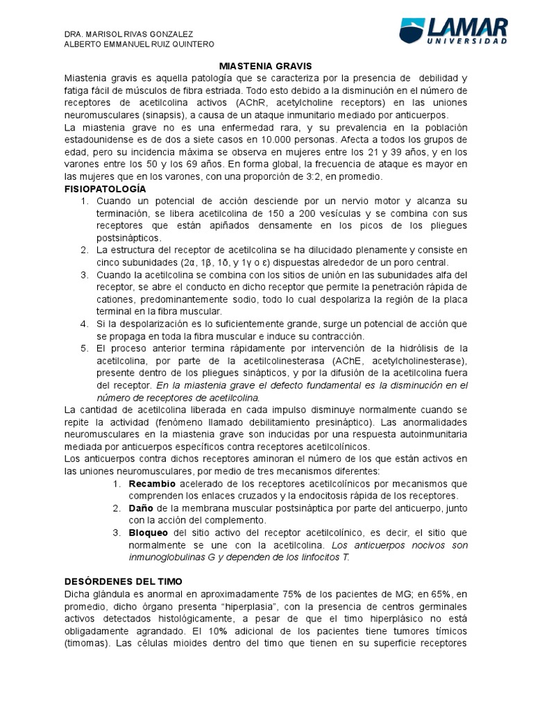 Miastenia Gravis: Diagnóstico y Tratamiento | PDF | Acetilcolina | Sinapsis