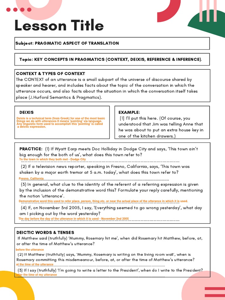Key Concepts in Pragmatics Worksheet | PDF | Semiotics | Interpretation ...