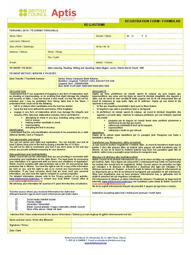 Aptis - Registration - Form Updated - 4 Skills | PDF
