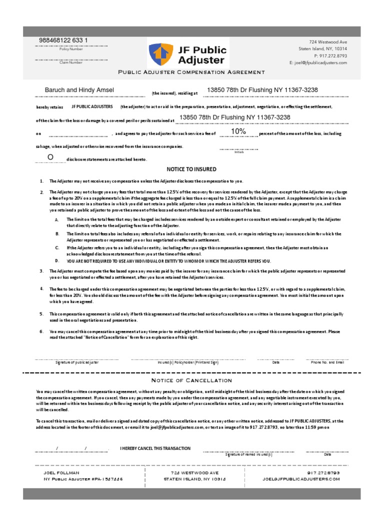 Public Adjuster Compensation Agreement PDF Insurance Private Law