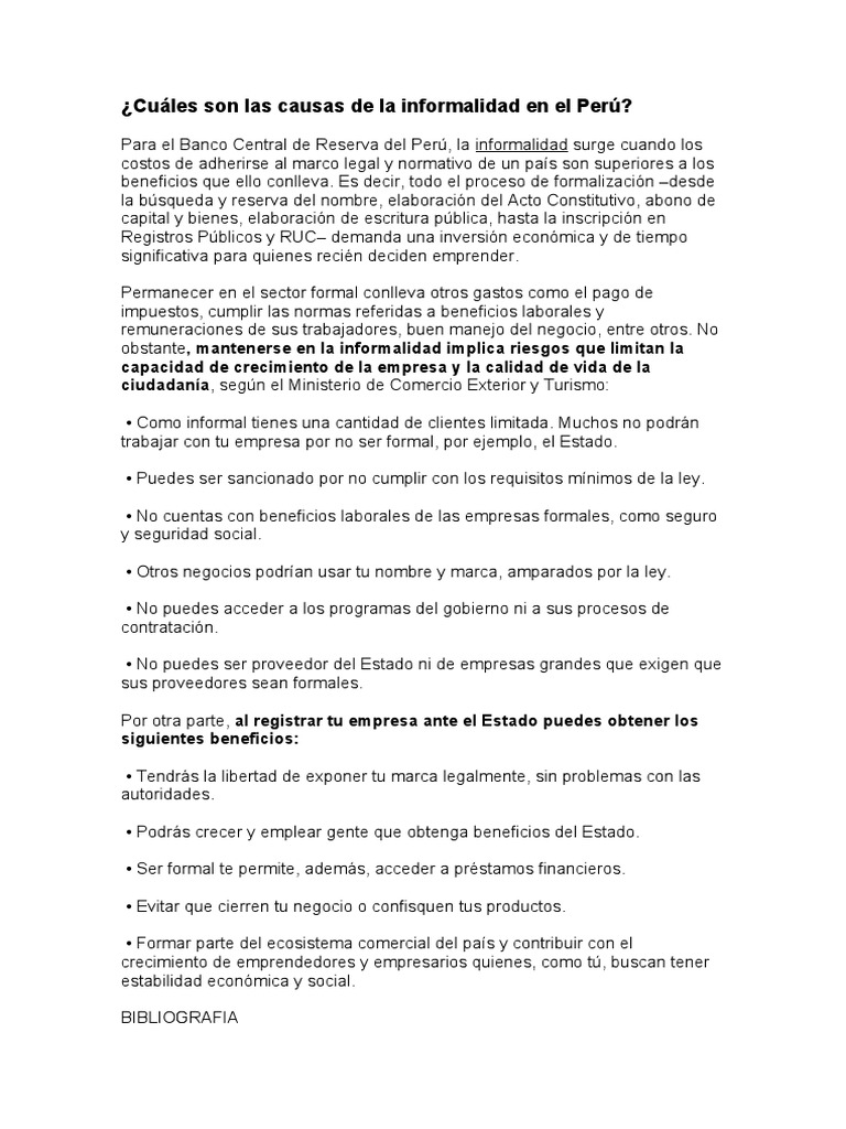 Cuáles Son Las Causas de La Informalidad en El Perú | PDF
