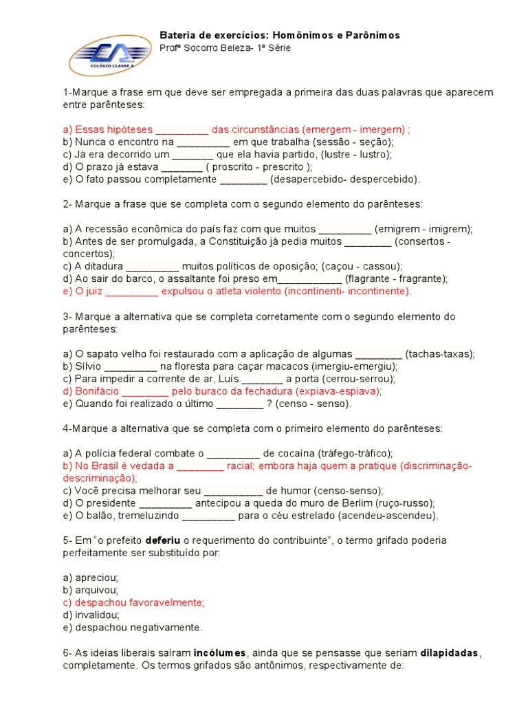 Exercícios de Homônimos e Parônimos | PDF