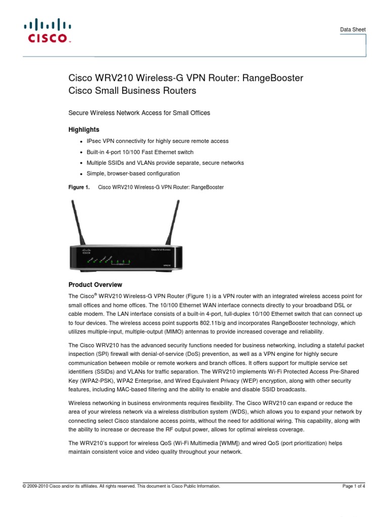 Data Sheet WRV210 | PDF | Virtual Private Network | Wireless Lan