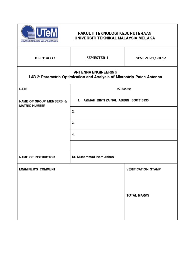 LAB 2 Parametric Optimization of Microstrip Patch Antenna Design | PDF ...
