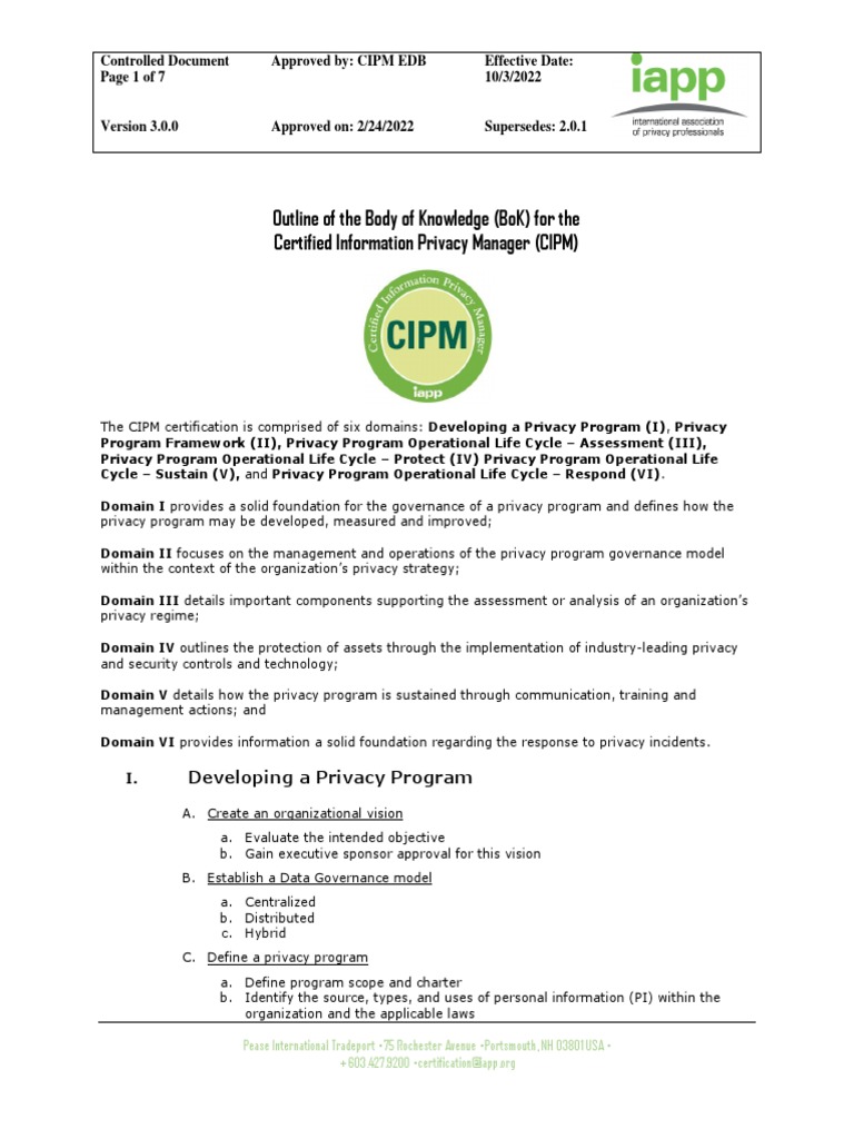CIPM Body of Knowledge Overview | PDF | Privacy | Regulatory Compliance