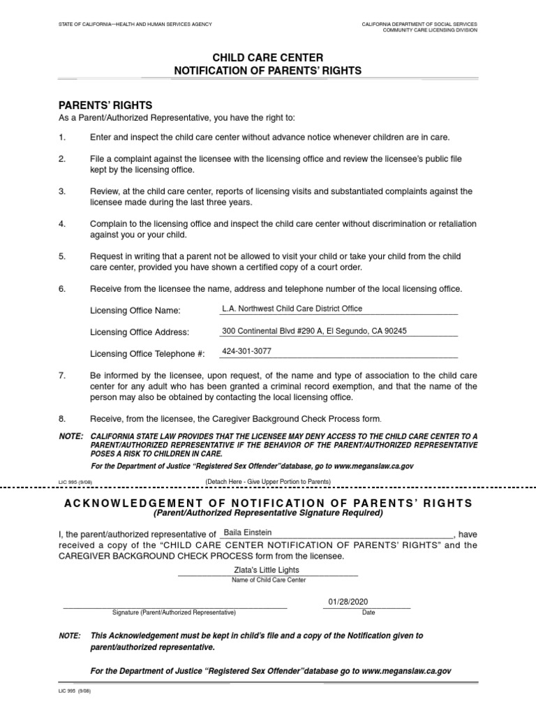 Notification of parents rights pdf child care license