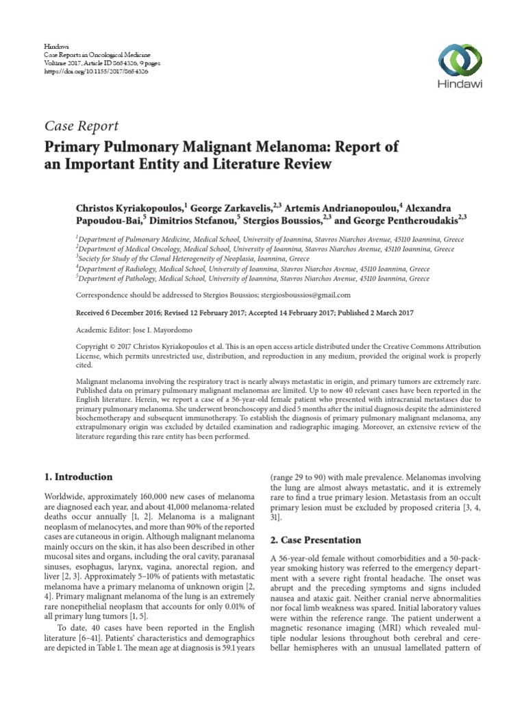 Case Report Primary Pulmonary Malignant Melanoma Report of An