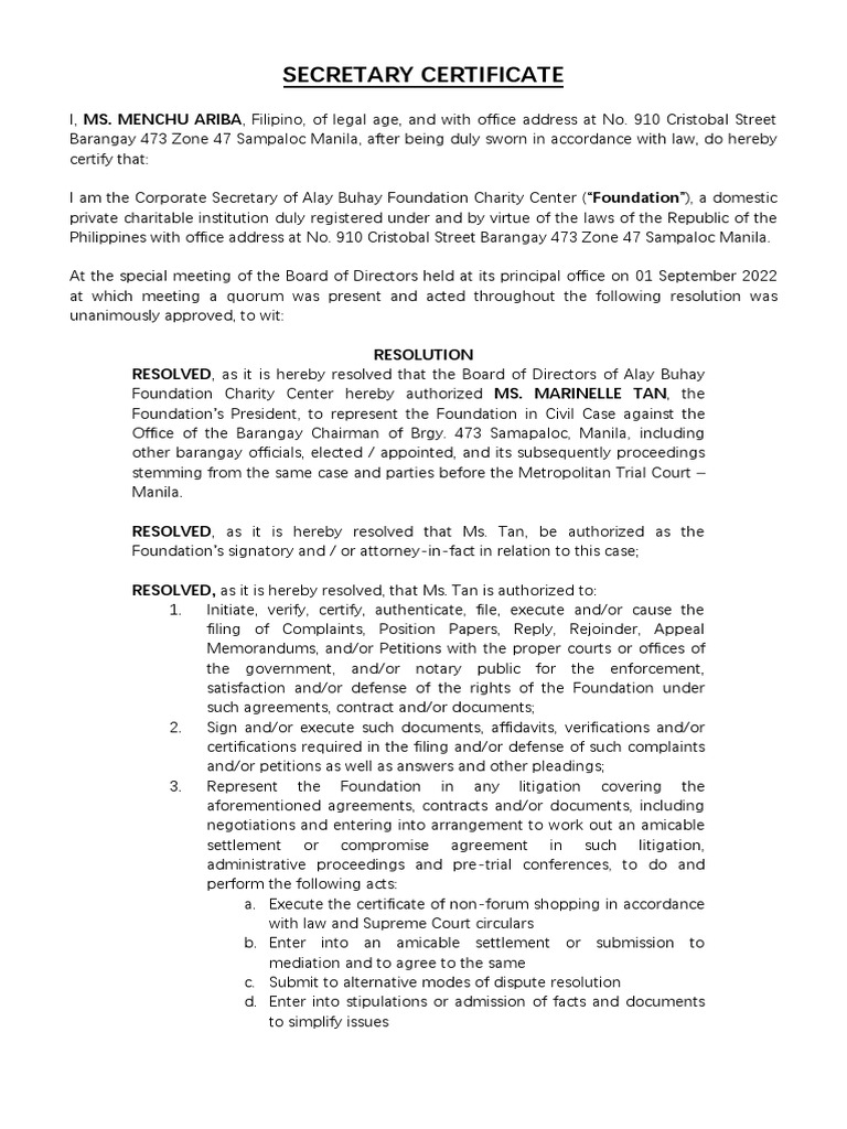 Secretary Certificate for Legal Authorization | PDF | Lawsuit | Mediation