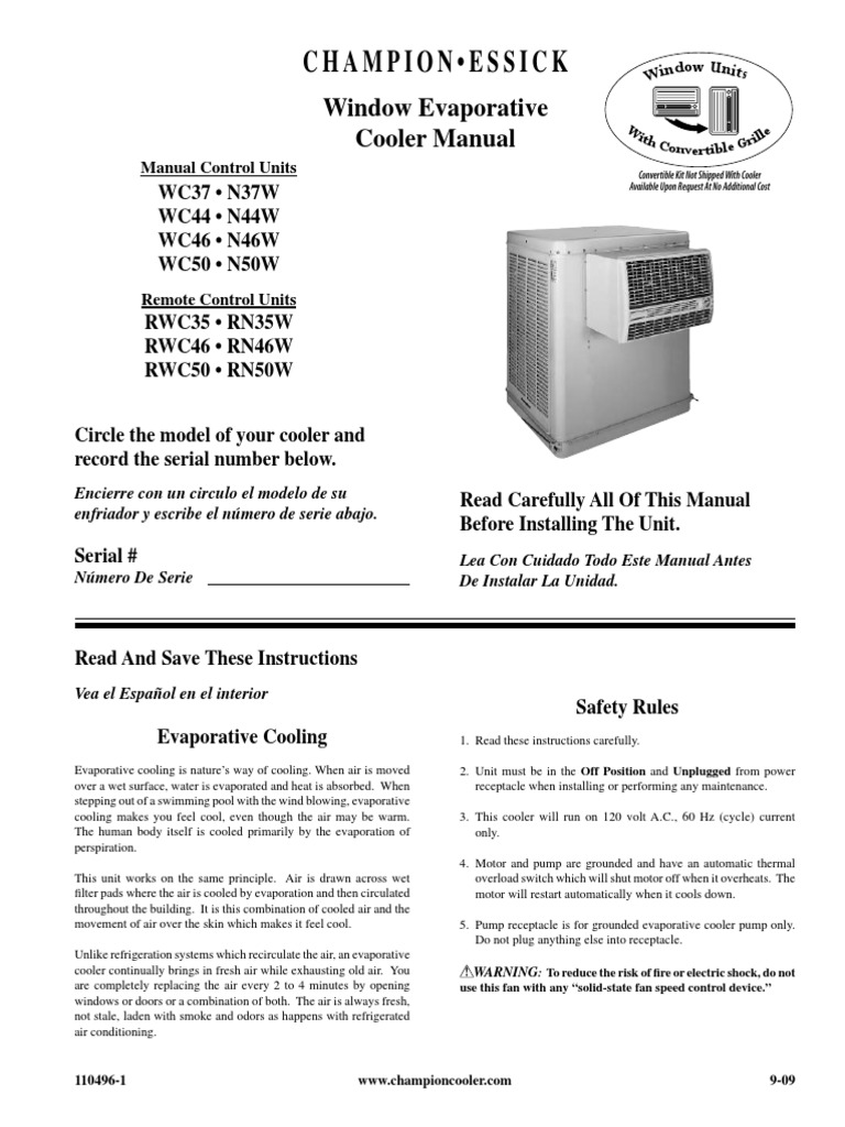 Champion Essick Window Evaporative Cooler Manual PDF Pump