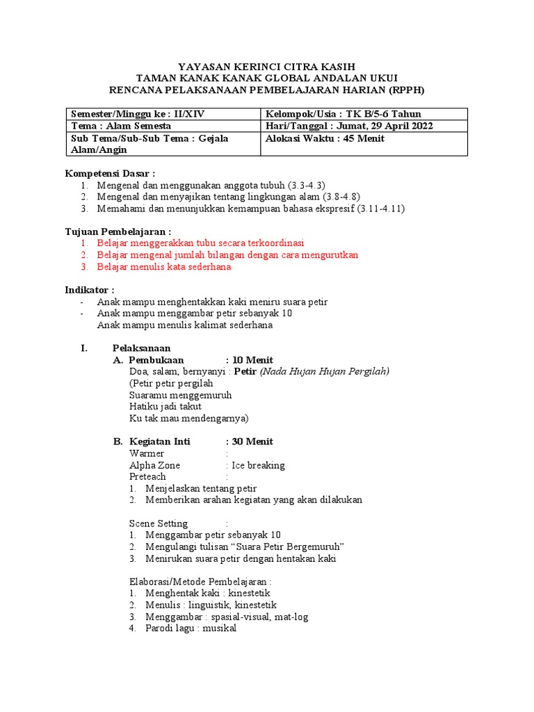 Contoh RPPH PAUD | PDF