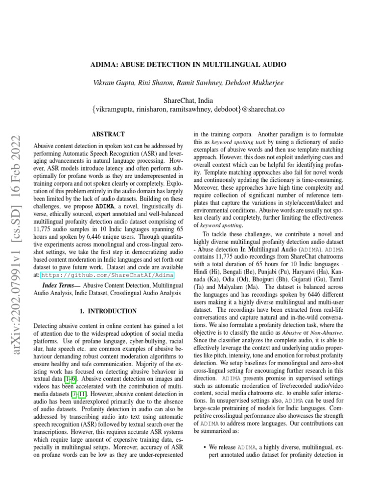 Multilingual Audio Dataset for Abuse Detection | PDF | Speech ...