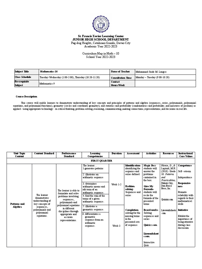 Grade 10 Math Curriculum Map PDF Equations Polynomial