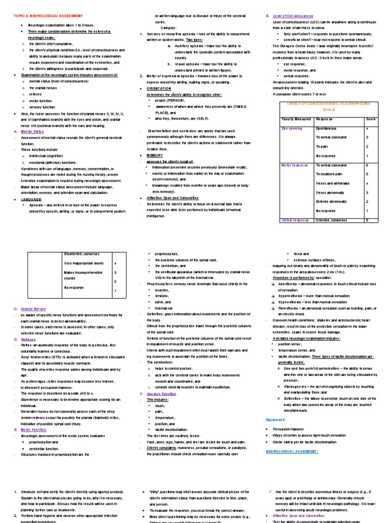 NCM 101 Neurological Assessment | PDF | Somatosensory System | Coma