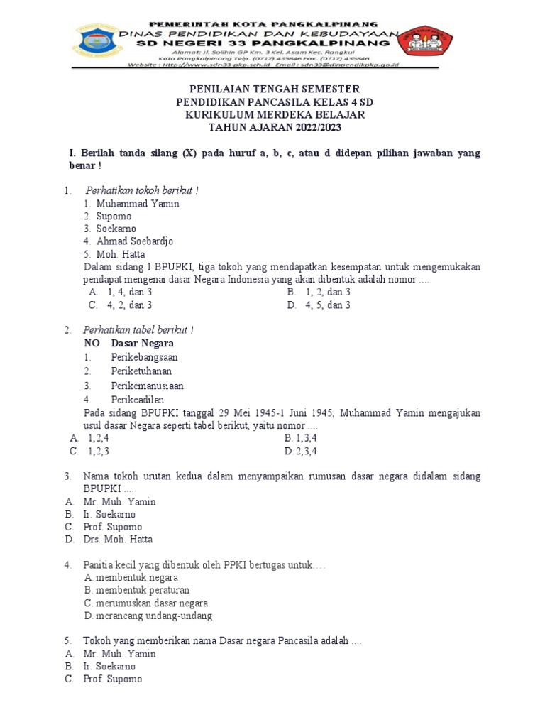 Soal Pendidikan Pancasila Kelas 4 Sd Mi Kurikulum Merdeka Belajar Pdf