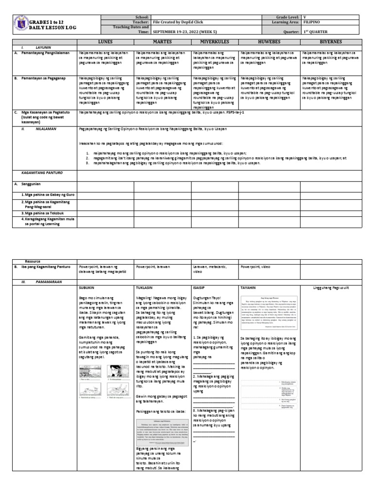 DLL - Filipino 5 - Q1 - W5 | PDF