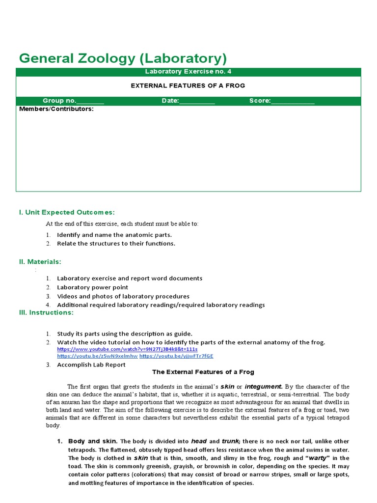 GZOO111LB04 External Features of The Frog 1 | PDF | Frog | Epithelium