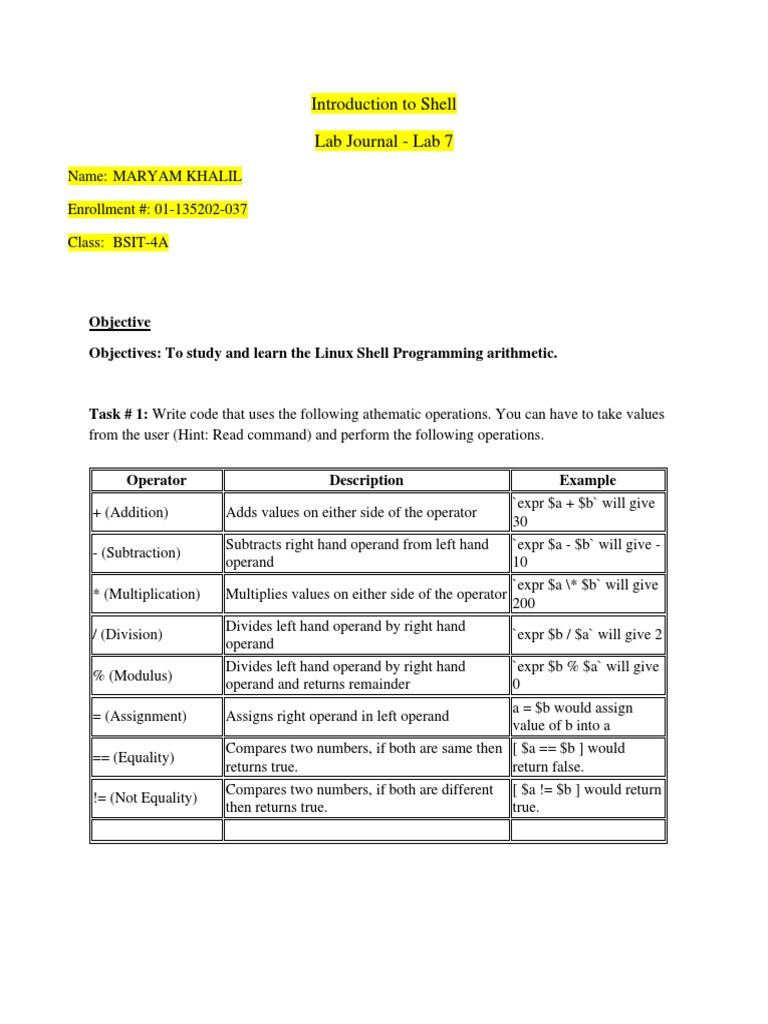 Linux Shell Arithmetic Operations | PDF