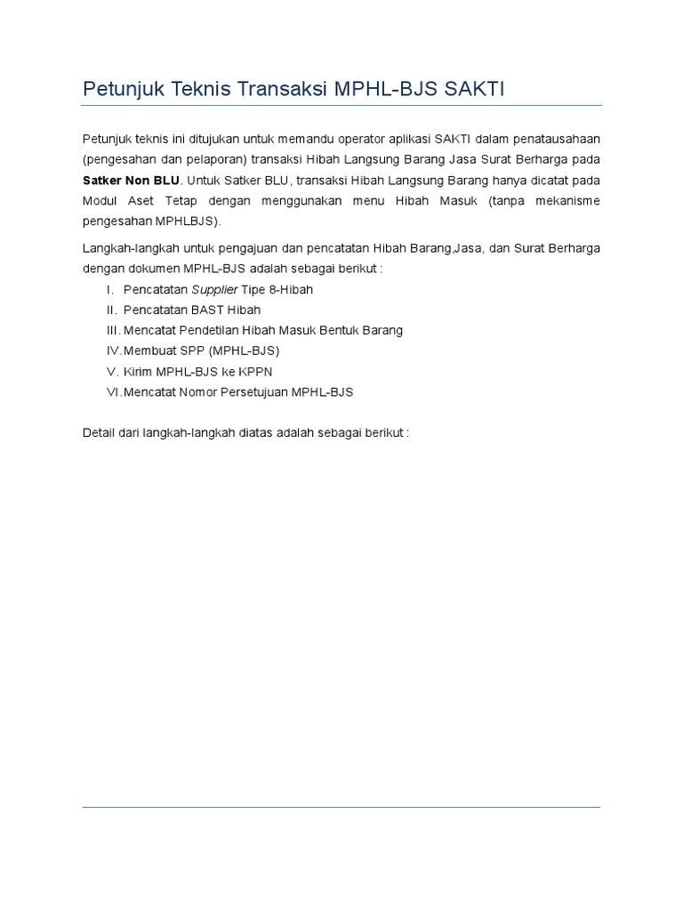 Petunjuk Teknis Transaksi MPHL (SAKTI) | PDF