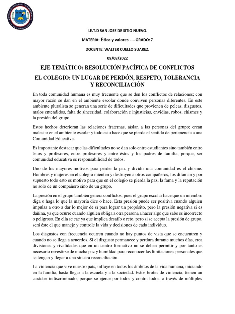 Guia #14 de Etica y Valores de 8 | PDF | Violencia | Paz