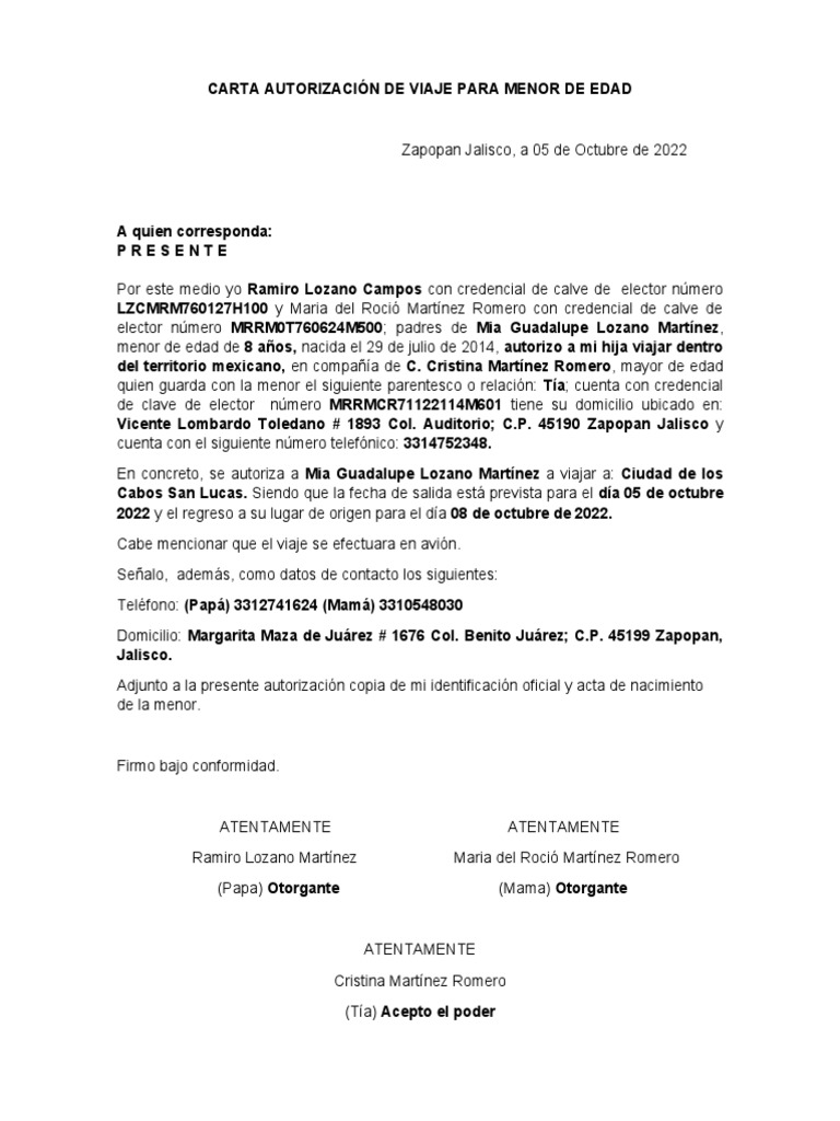 Carta Autorización De Viaje Para Menor De Edad Pdf