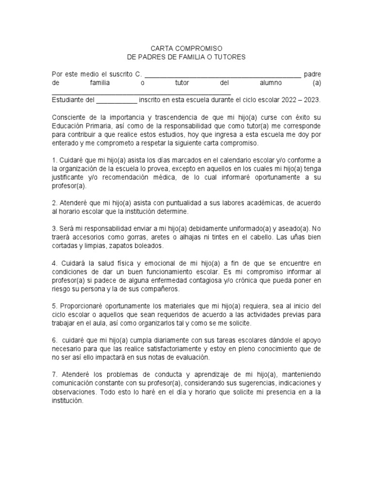Carta de Compromiso para Padres | PDF | Salud y bienestar