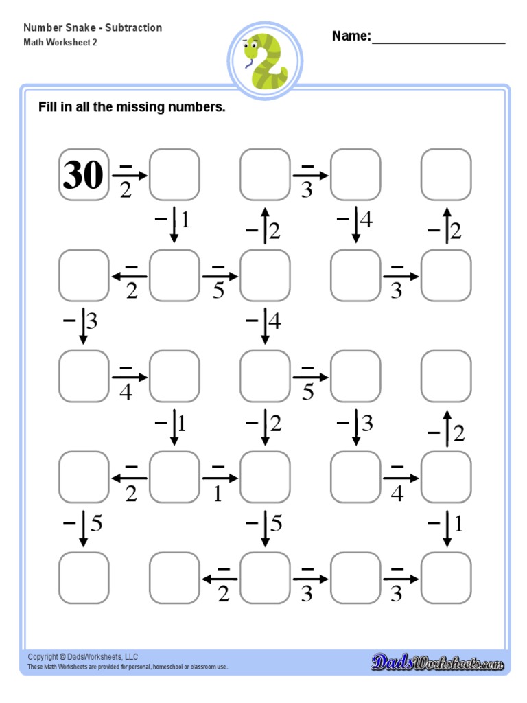 Number Snake Subtraction | PDF, image size:768x1024
