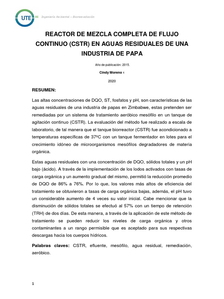Reactor Cstr Pdf Aguas Residuales Reactor Quimico