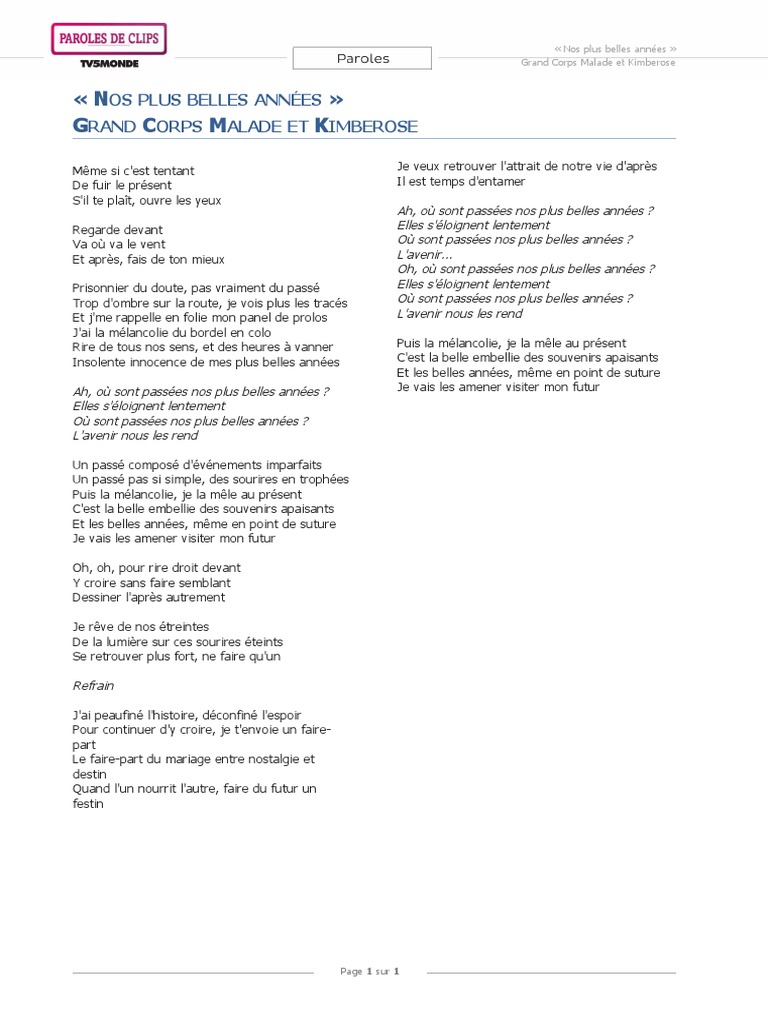 Nos plus belles années - song and lyrics by Grand Corps Malade, Kimberose