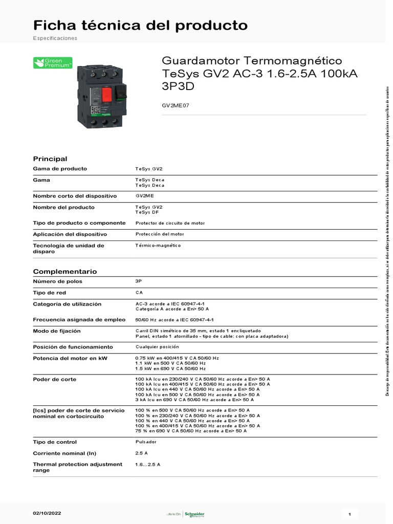 TeSys Deca - Frame 2 - GV2ME076b65 | PDF | Residuos | Electricidad