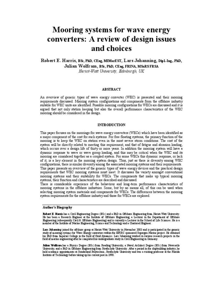Mooring Systems for Wave Energy Converters | PDF | Anchor | Rope