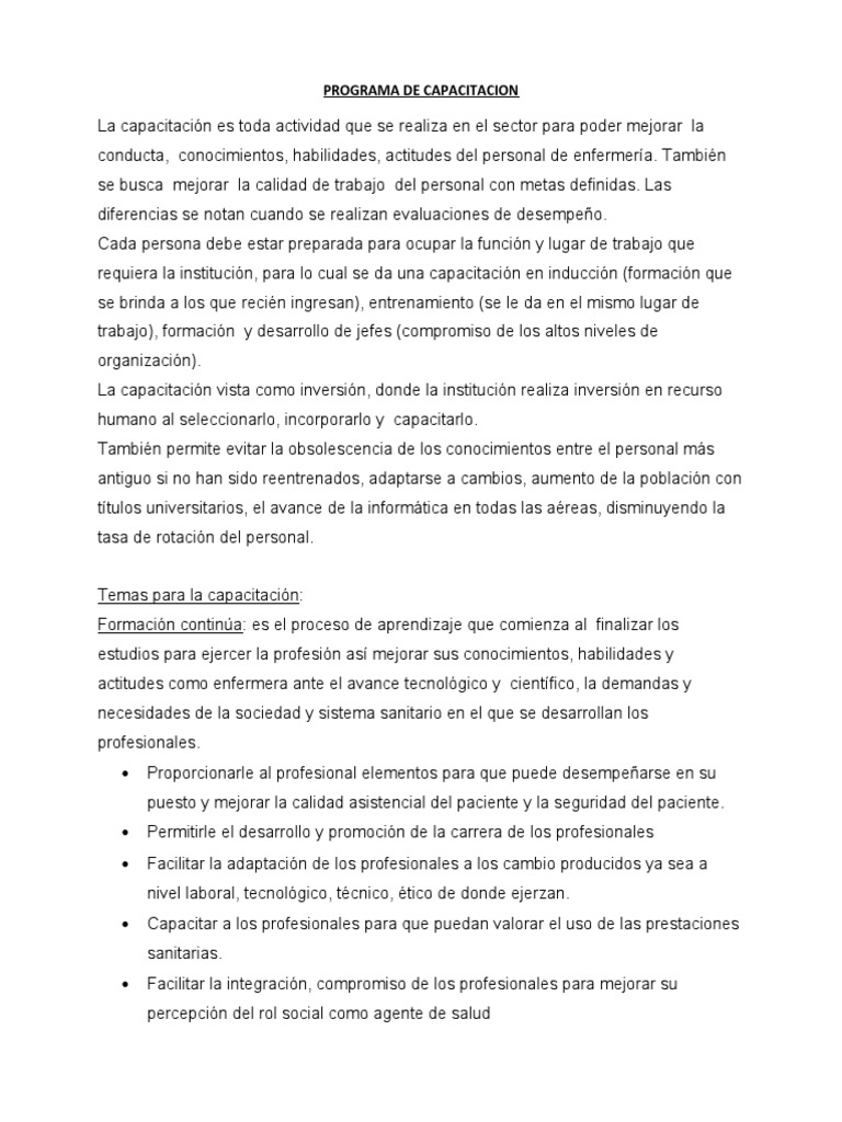 Programa de Capacitacion | PDF | Enfermería | Creación de capacidad