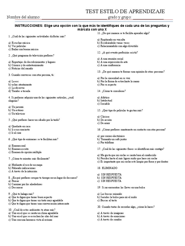 Test de Estilos de Aprendizaje | PDF | Prueba (evaluación)