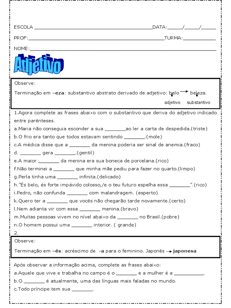 Aprendendo sobre adjetivos e substantivos derivados | PDF